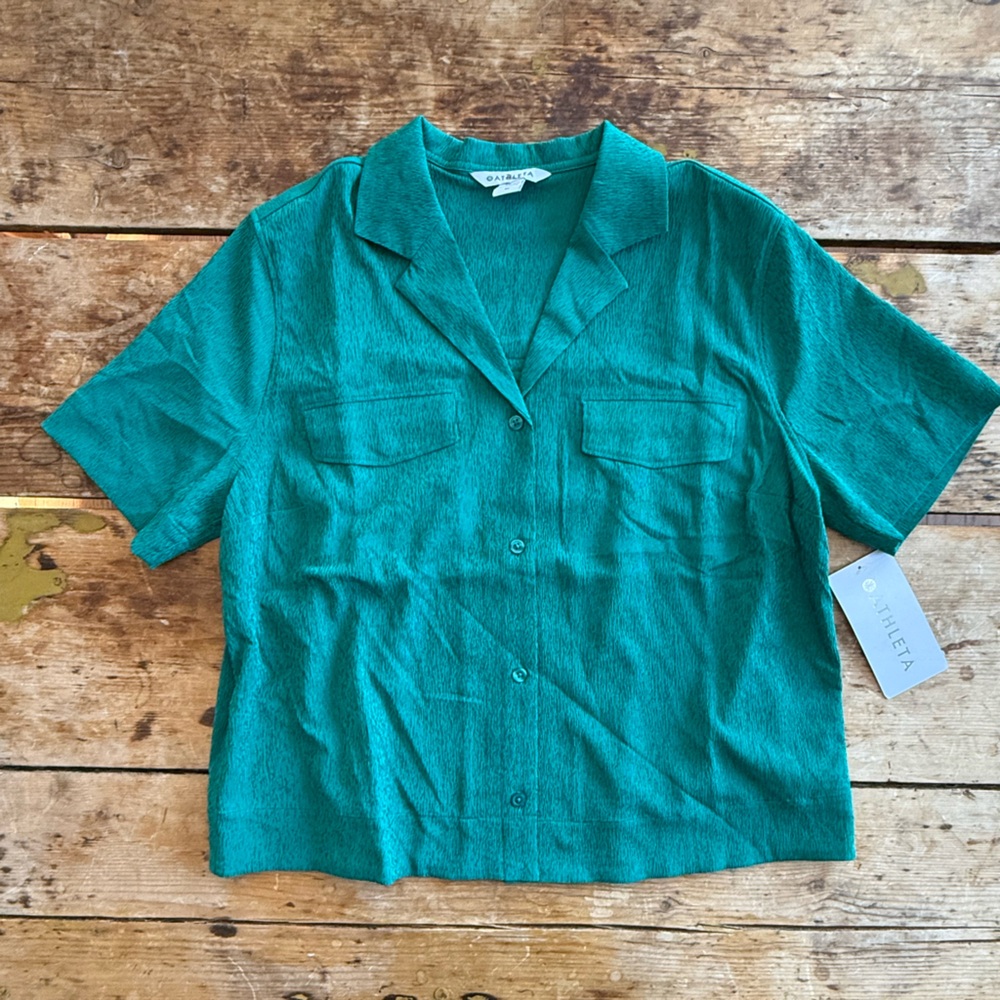 Athleta Teal Button-Down Short Sleeve Shirt